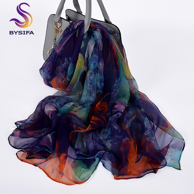 BYSIFA – Foulard Long en soie Pure pour femmes, marque de luxe, bleu, rose, élégant, cache-cou, châles de plage, nouvelle collection
