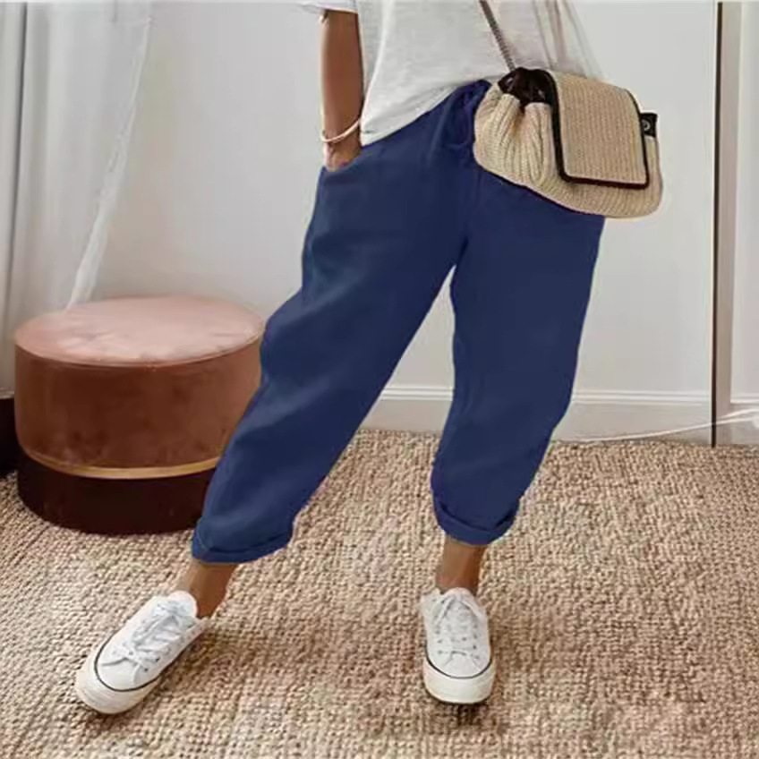 Femmes mélange jambe large sarouel été mode taille élastique poche solide cheville pantalon S-5XL surdimensionné LRFZ-911