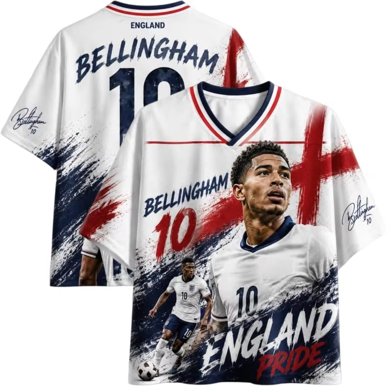 2026 Nouvelle-Angleterre Jude Bellingham N° 10 maillots commémoratifs, t-shirt unisexe à manches courtes et col en V, sport et décontracté, assorti pour toute la famille