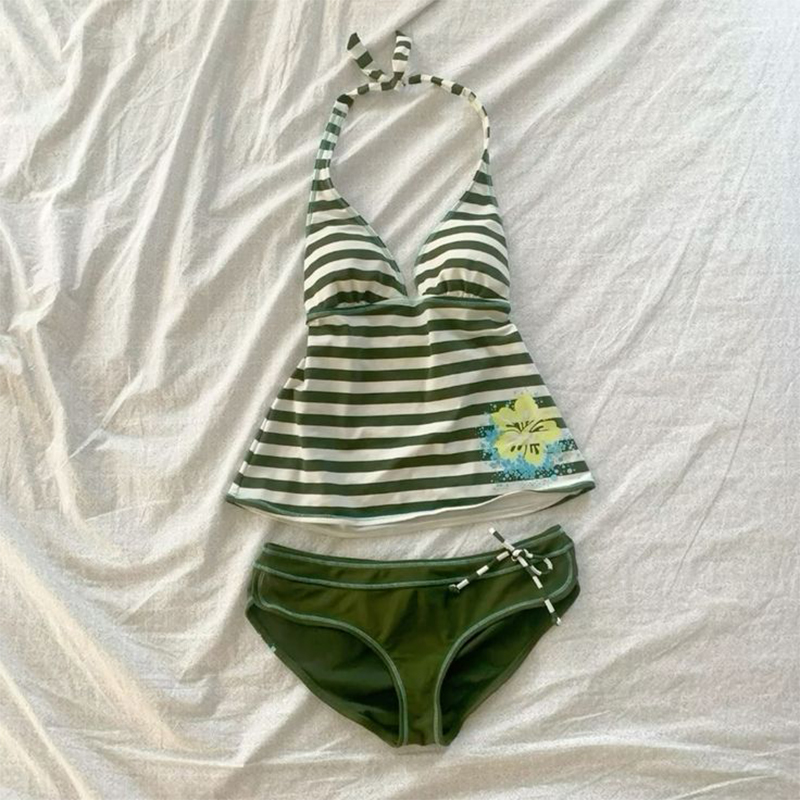 Femmes été plage Bikini ensemble Sexy mince Chic rayé licou col en V maillot de bain 2 pièces Vintage décontracté maillots de bain fendu maillot de bain
