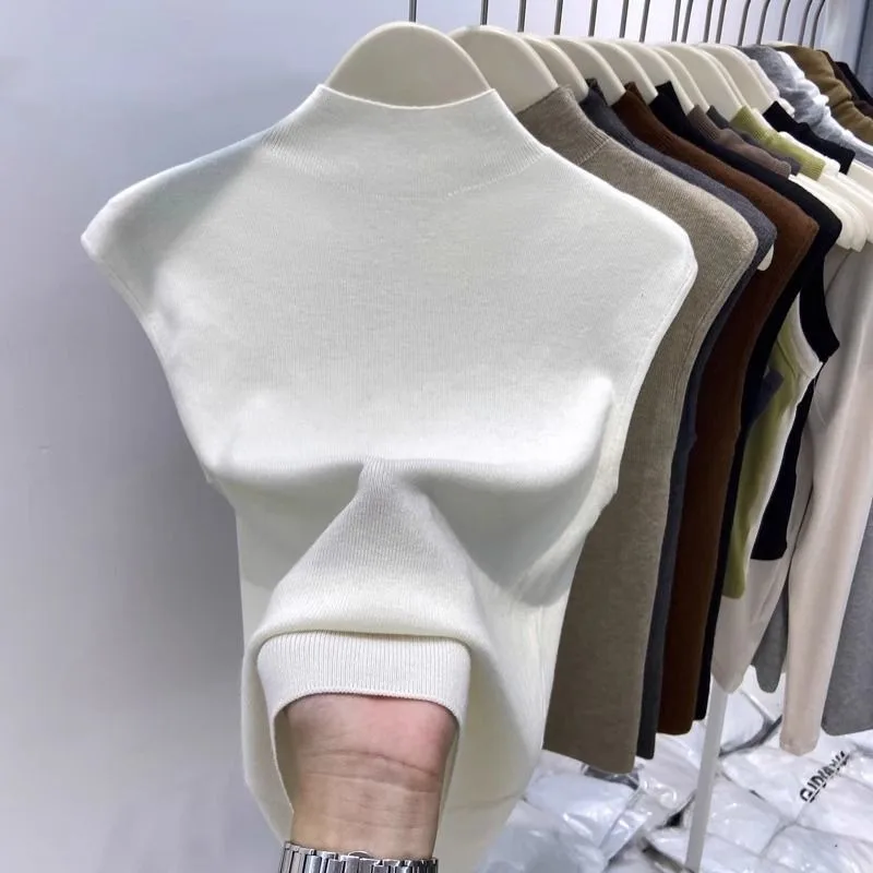 T-shirts tricotés à col mi-haut uni sans manches pour femme, basiques de mode printemps-été, Ropa De Mujer