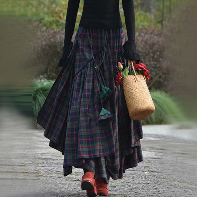 Jupe longue tartan taille haute rétro pour femmes, jupe évasée Maxi à carreaux, mode vintage, printemps, automne, 2024