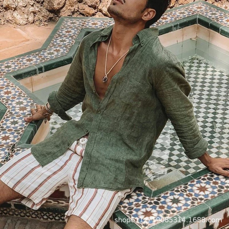 Chemise pour homme, été, décontractée, nouvelle, couleur unie, style européen, ample, avec poche, col à revers, manches longues, cardigan, chemise de plage, vêtements pour homme automne.
