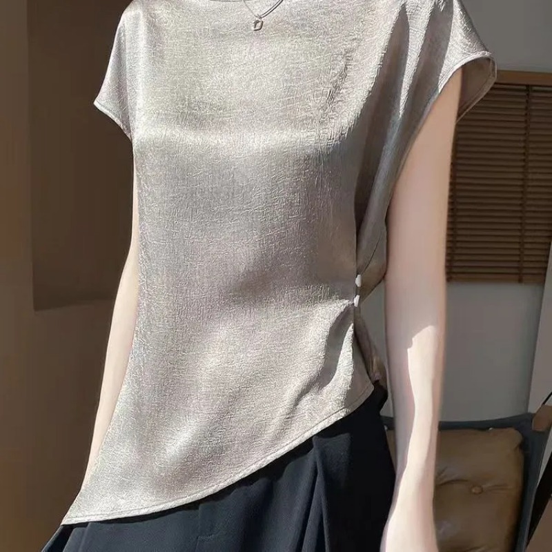 T-shirt en satin de soie de mûrier 100% pour femme, manches courtes, coupe ample, haut décontracté