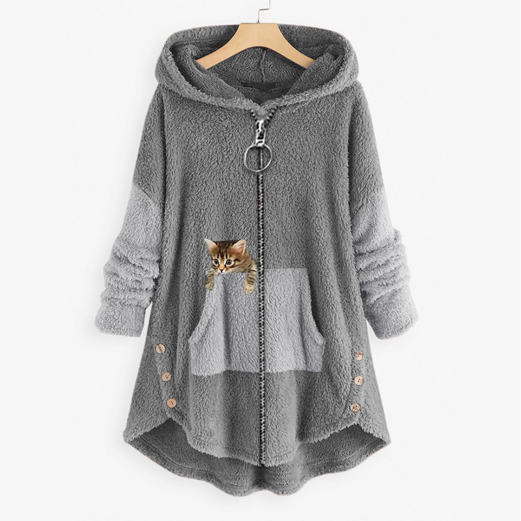 Manteau à capuche veste femmes sweat à capuche Patchwork chat imprimé fermeture éclair épais pardessus Streetwear femme automne hiver vêtements d'extérieur