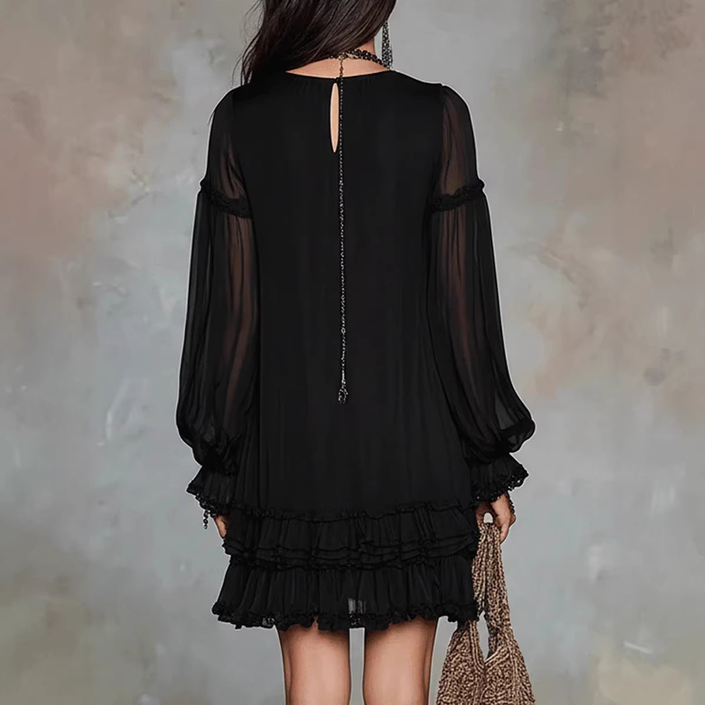 Robe longue décontractée d'été pour femme, noire, style bohème, col en V, manches longues bouffantes en maille transparente, ourlet à volants, coupe ample et fluide