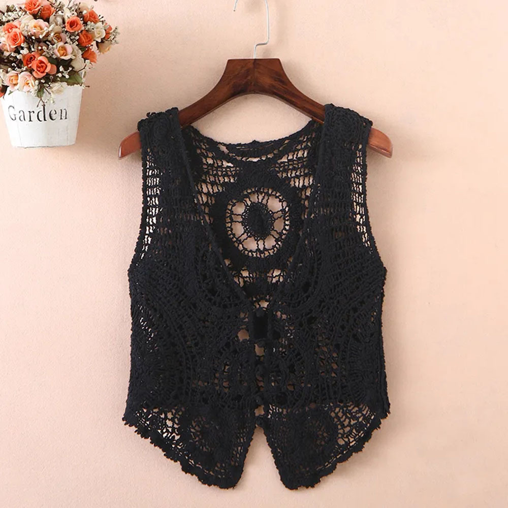 Veste d'été sans manches pour femmes, débardeur ajouré, couleur unie, gilet court en tricot, Cardigan au Crochet, pull, vêtements d'extérieur pour femmes