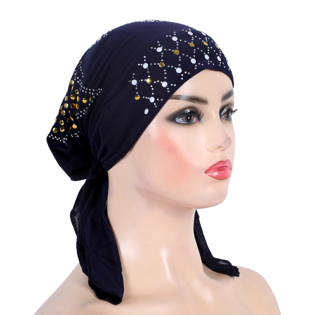 H089 mode turban hijab avec paillettes d'or musulman hijab écharpe islamique foulard chapeau amira tirer sur bandeau