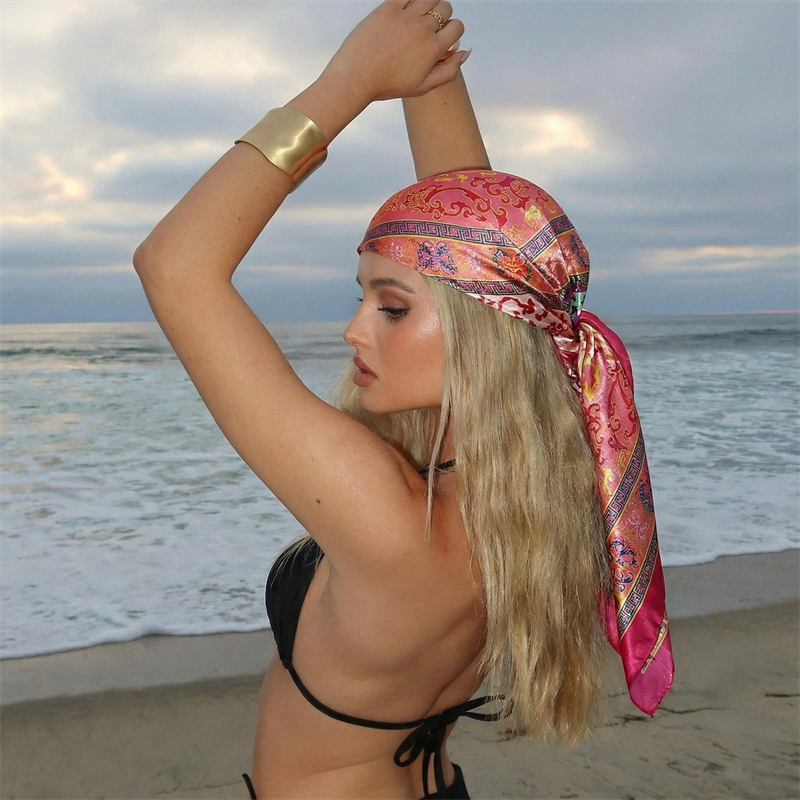 Foulard carré en soie pour femme, marque de luxe, imprimé satiné, hijab, écharpe musulmane, paréo, bandana, châle, bandeau, 90*90cm