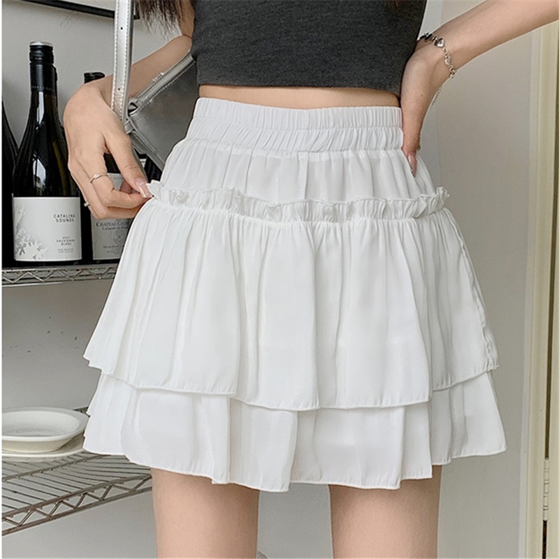 Été Kawaii blanc volants jupe femmes mode coupe ajustée en mousseline de soie Mini jupes Giris Y2k tout Match élastique taille haute noir Faldas
