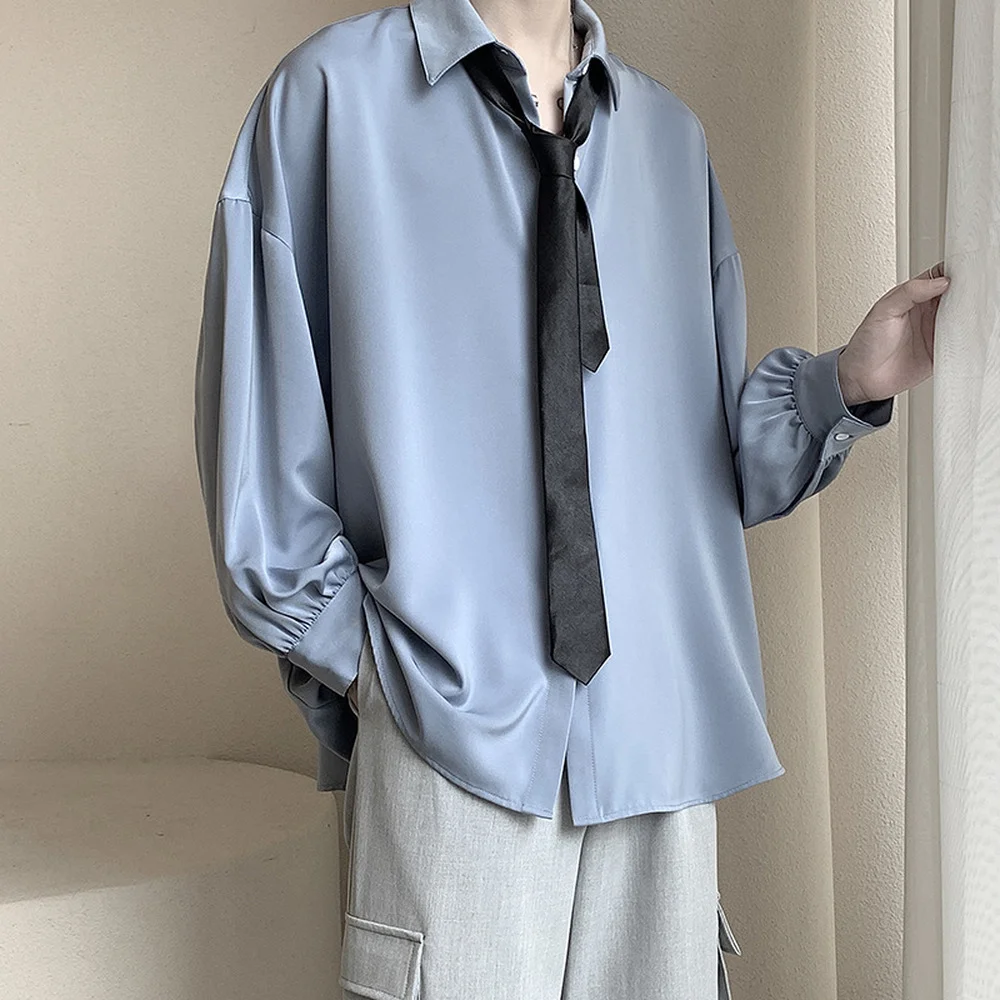 Chemises à manches longues pour hommes de Style coréen cravate noire confortable décontracté solide surdimensionné Blouses respirant chemise ample Harajuku vêtements masculins