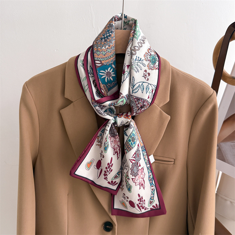 Écharpe luxueuse à double couche avec pompons, décoration à nouer, cravate assortie, petit bandeau, foulard en soie, imprimé pour femme