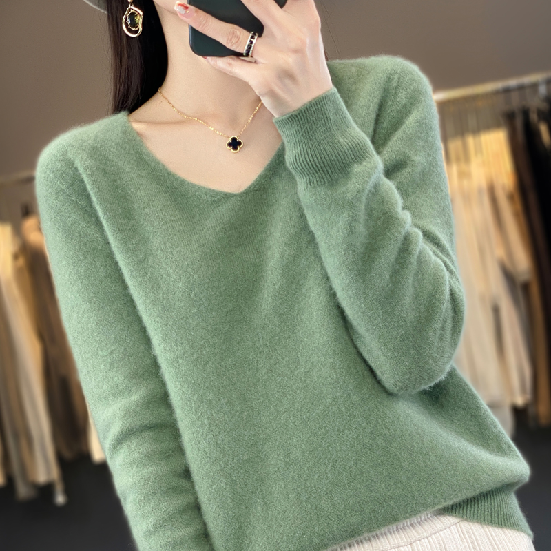 Pull en cachemire à col en V pour femme, 100% laine mérinos, pull basique, manches longues, tricots doux, document Y-Solid, vêtements d'automne et d'hiver