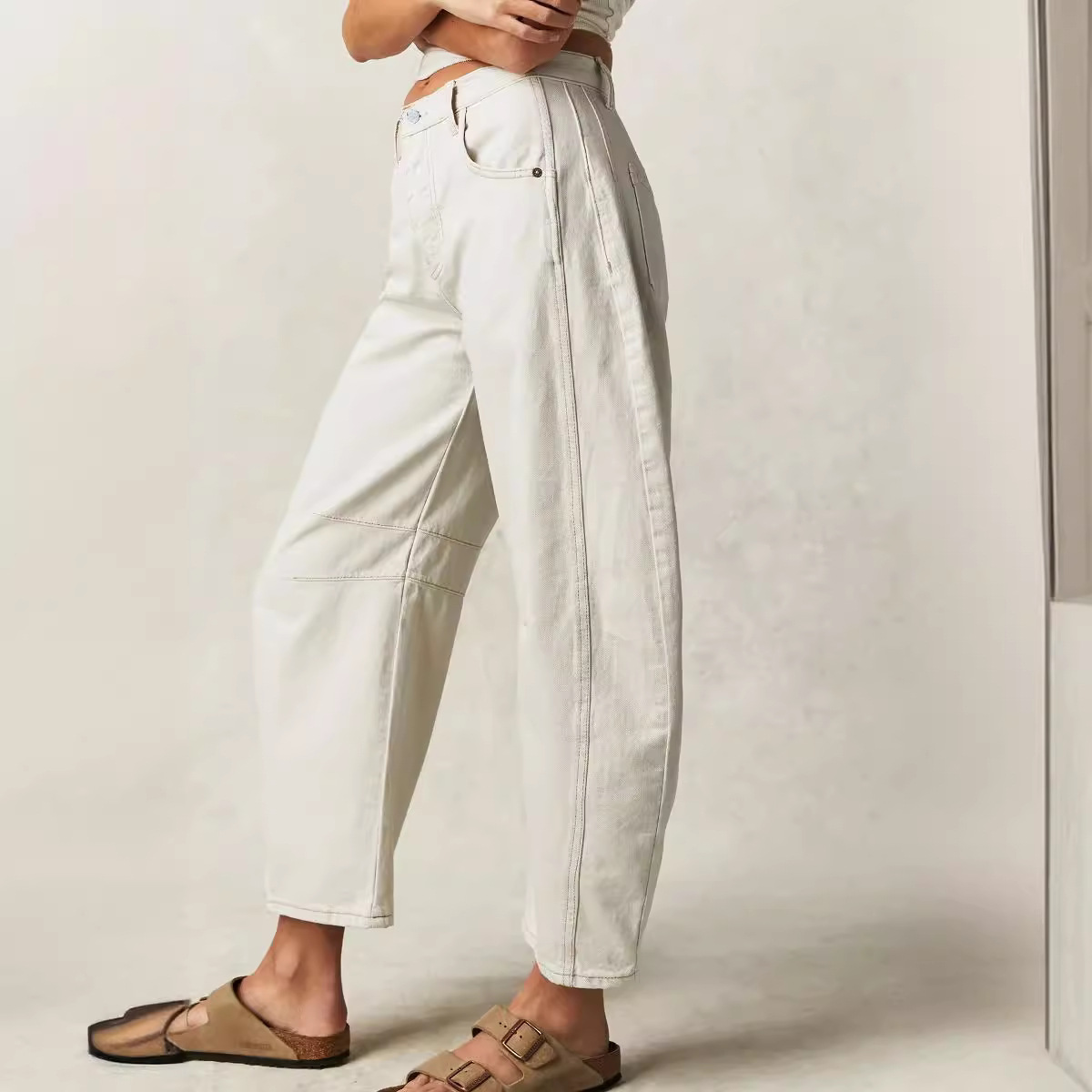 Jean long en denim de coton pour femme, pantalon décontracté taille haute, coupe courte, style bohème plage, baggy, printemps-été