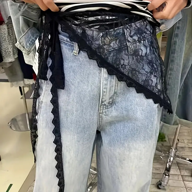 Femmes coréennes dentelle Triangle une pièce ceinturée chevauchement foulard jupe en dentelle tablier garniture coréenne demi-jupe jupe courte rideau de fesses