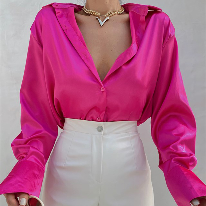 Chemises en Satin élégantes pour femmes, hauts à la mode, couleur unie, chemisiers à manches longues, Vintage, violet, décontracté, boutons amples, vêtements, printemps 2025, 18913