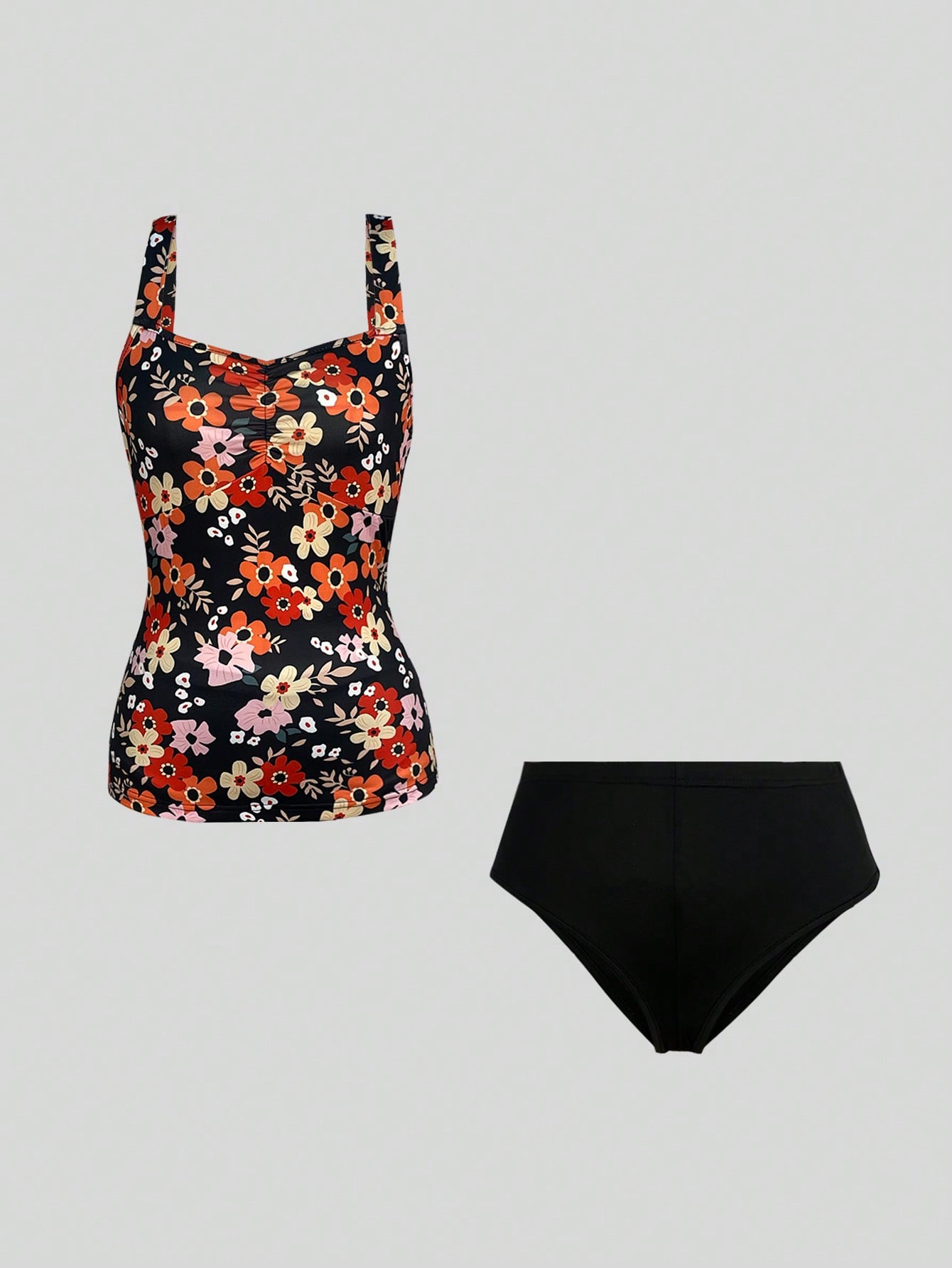 Nouvelle collection été 2026 : Ensemble tankini à imprimé floral pour femme, maillot de bain taille haute à col carré et à volants.
