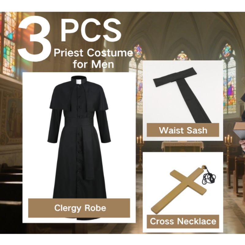 Costume de prêtre noir pour homme, robe de clergé catholique avec collier croix, déguisement d'Halloween, uniforme de pasteur prédicateur