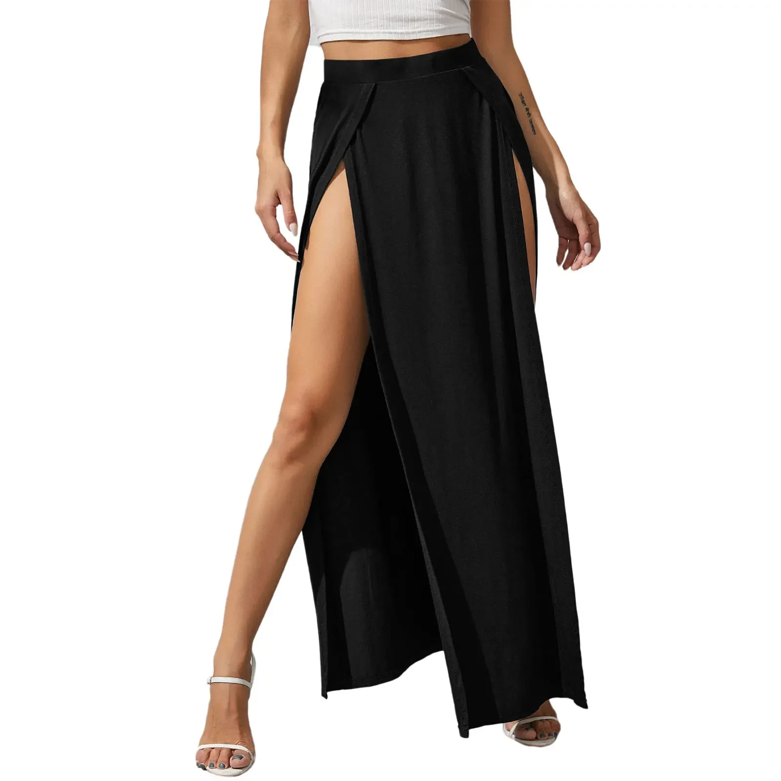 Combhasaki femmes été Boho maillots de bain élastique taille haute couleur unie côté haute fente coupe ample Absorption de la sueur jupes longues