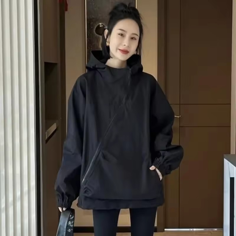 Mode femmes vestes à capuche diagonale fermeture éclair conception Vintage automne Baggy BF loisirs de plein air tout-match Chaqueta Mujer