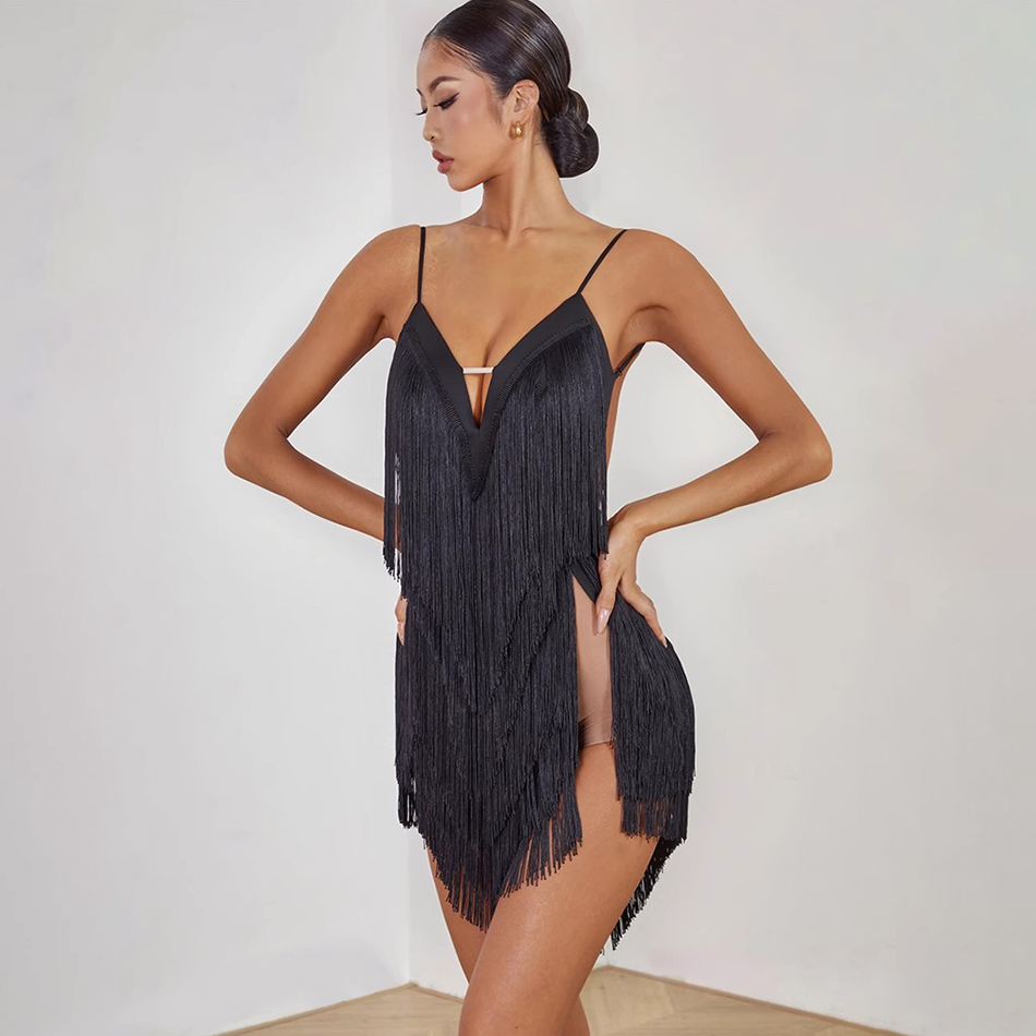 Robe de danse latine sans manches pour femmes, dos Bae, entièrement à franges, pour Performance du ventre, robes de danse modernes, NY60 2420