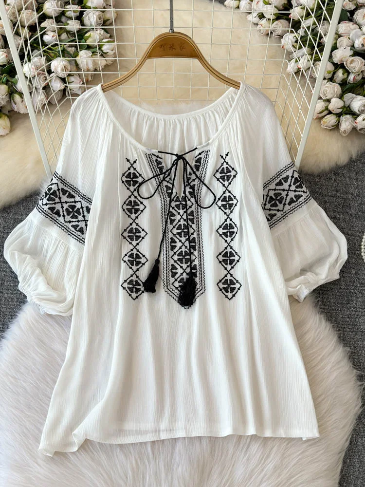 Chemisier d'été pour femme, style ethnique vintage, brodé, chemise à manches courtes pour voyage, en coton et lin, nouveau modèle BL033