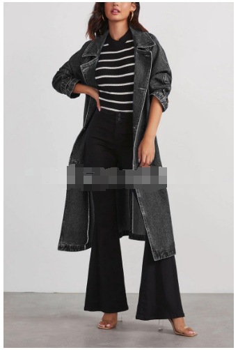 Veste longue délavée pour femme, coupe-vent en denim, poches, revers à lacets, double boutonnage, manteau décontracté, vêtements d'extérieur féminins, 2025