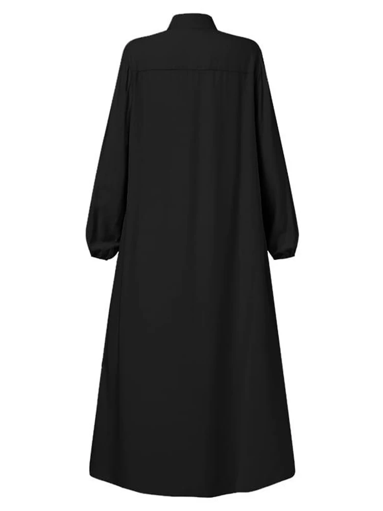 Robe noire musulmane avec petit col montant et poches zippées, élégante, ample et décontractée, à manches longues