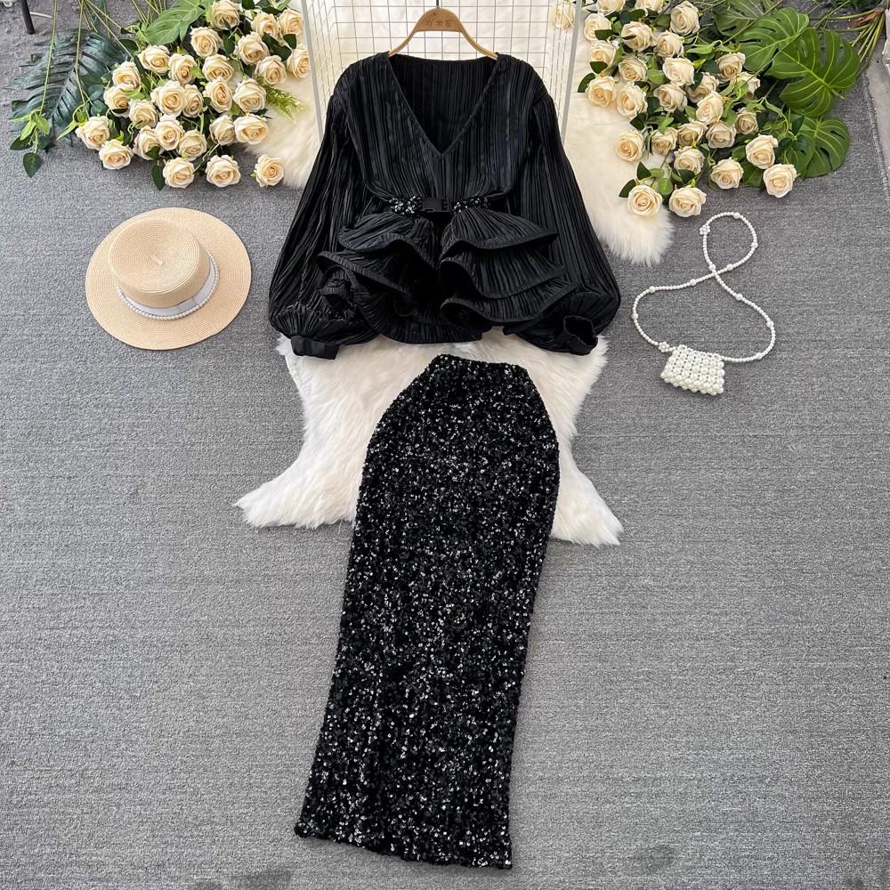 Ensemble 2 pièces élégant pour femmes, haut de gamme, mode d'été, col en V, ceinture, volants, hauts courts + taille haute, jupes longues et Slim, jupes de fête