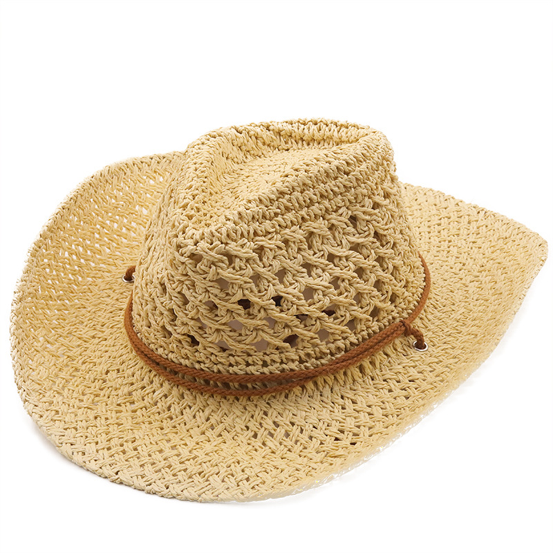 Chapeau de cowboy à grande avant-toit ajouré de style ethnique, chapeau de plage de printemps et d'été, chapeau de protection solaire en plein air, chapeau d'herbe