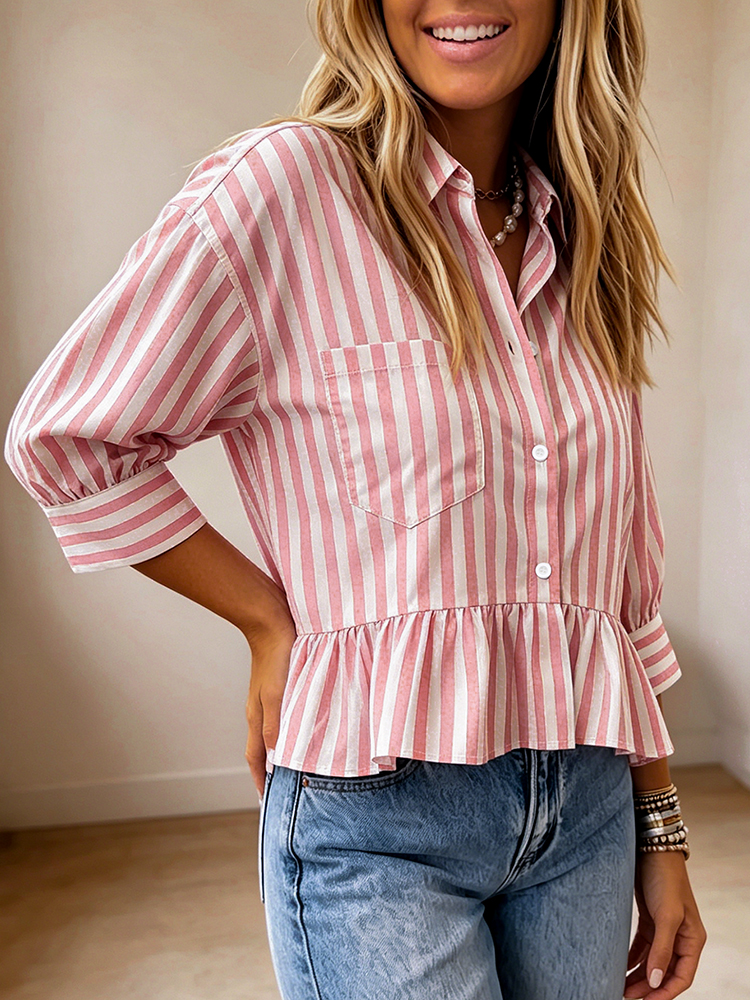 Haut à rayures décontracté, simple, élégant et charmant, polyvalent pour tous les jours, idéal pour les trajets quotidiens, col rabattu à boutons, chemise à manches trois-quarts, vêtement pour femmes.