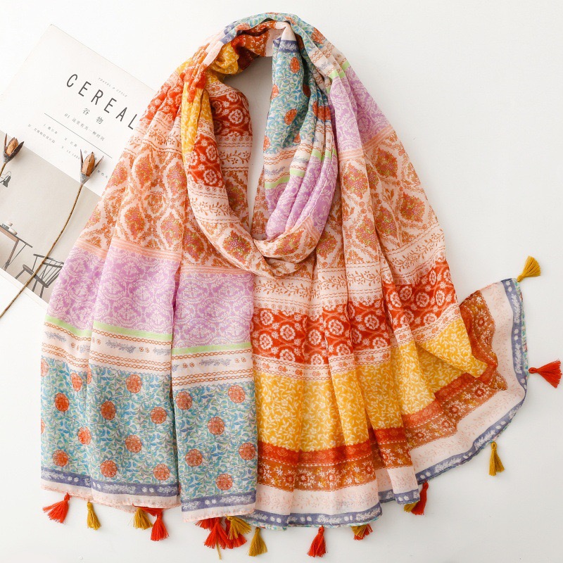 Mode bohème ethnique Floral Viscose châle enveloppement dame mince écharpes mode gland Pashmina haute qualité Foulard Hijab Sjaal 2025