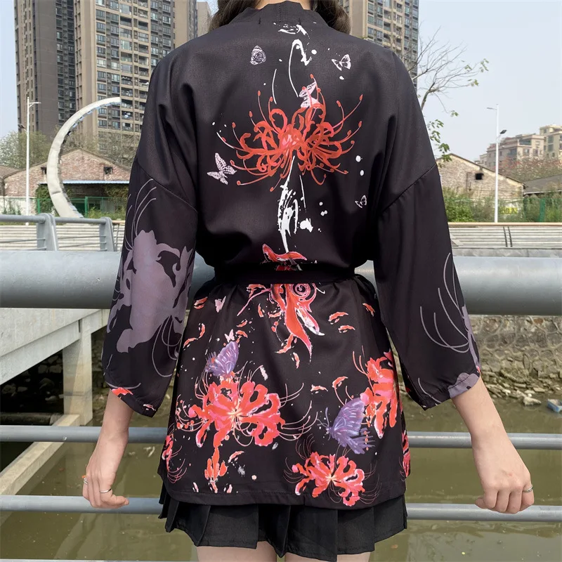 Kimono japonais blanc imprimé fleurs, vêtements traditionnels pour femmes, Haori Obi, ceinture de plage