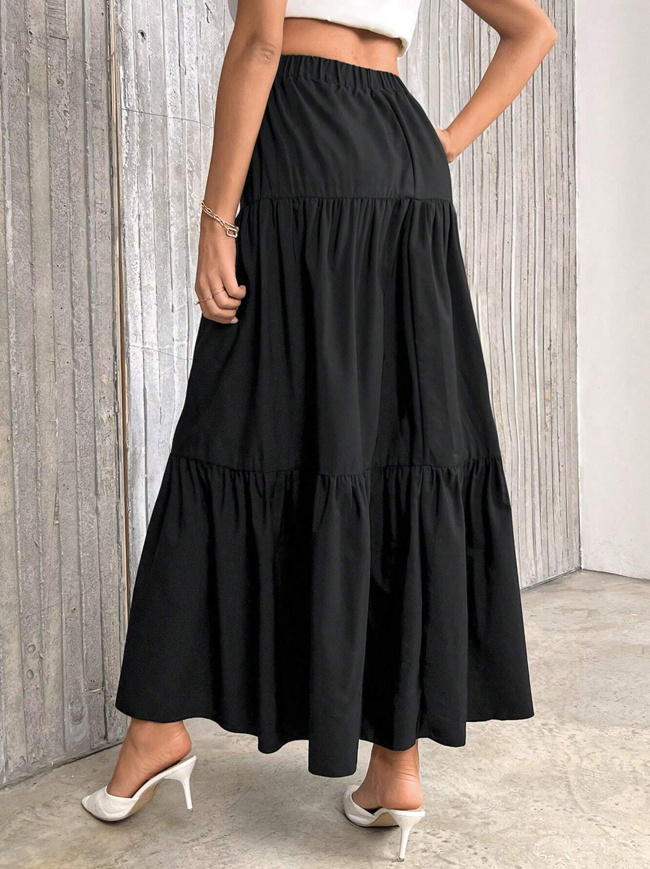 Jupe à ourlet à volants pour femmes, jupe trapèze taille haute de couleur unie, coupe ample décontractée et polyvalente pour les tenues quotidiennes, best-seller