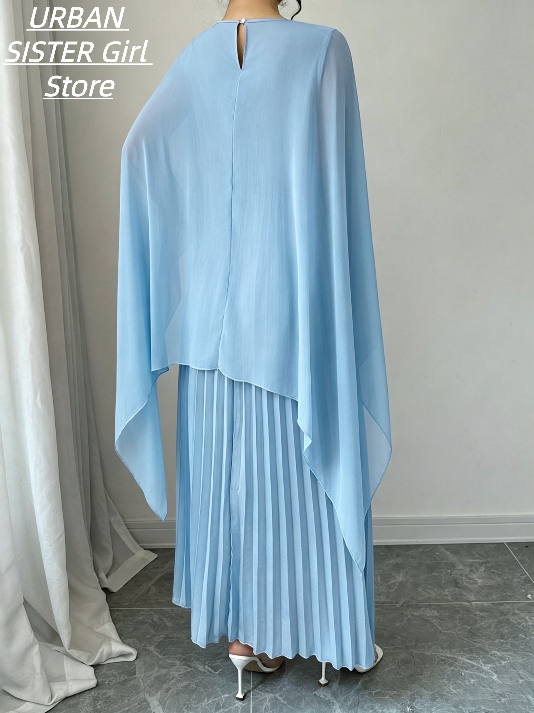 Robe cape bleu clair à col rond et manches volantées, robe longue plissée drapée avec un design effet deux pièces, robe longue pour banquets et vacances