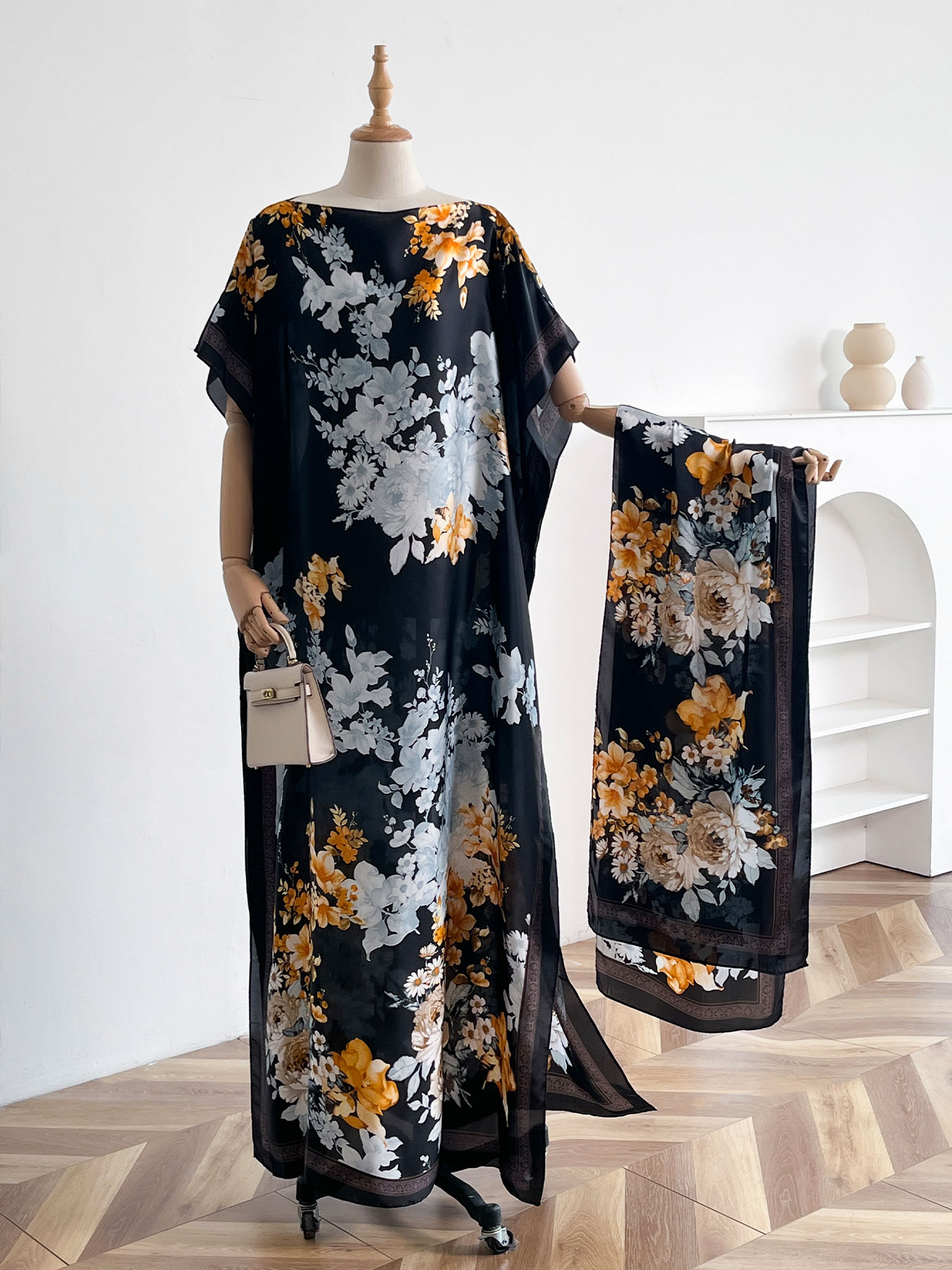 Ensemble abaya et foulard en satin à imprimé floral pivoine vintage, kaftan maxi ample à manches chauve-souris pour femmes musulmanes, idéal pour les vacances d'été et le quotidien