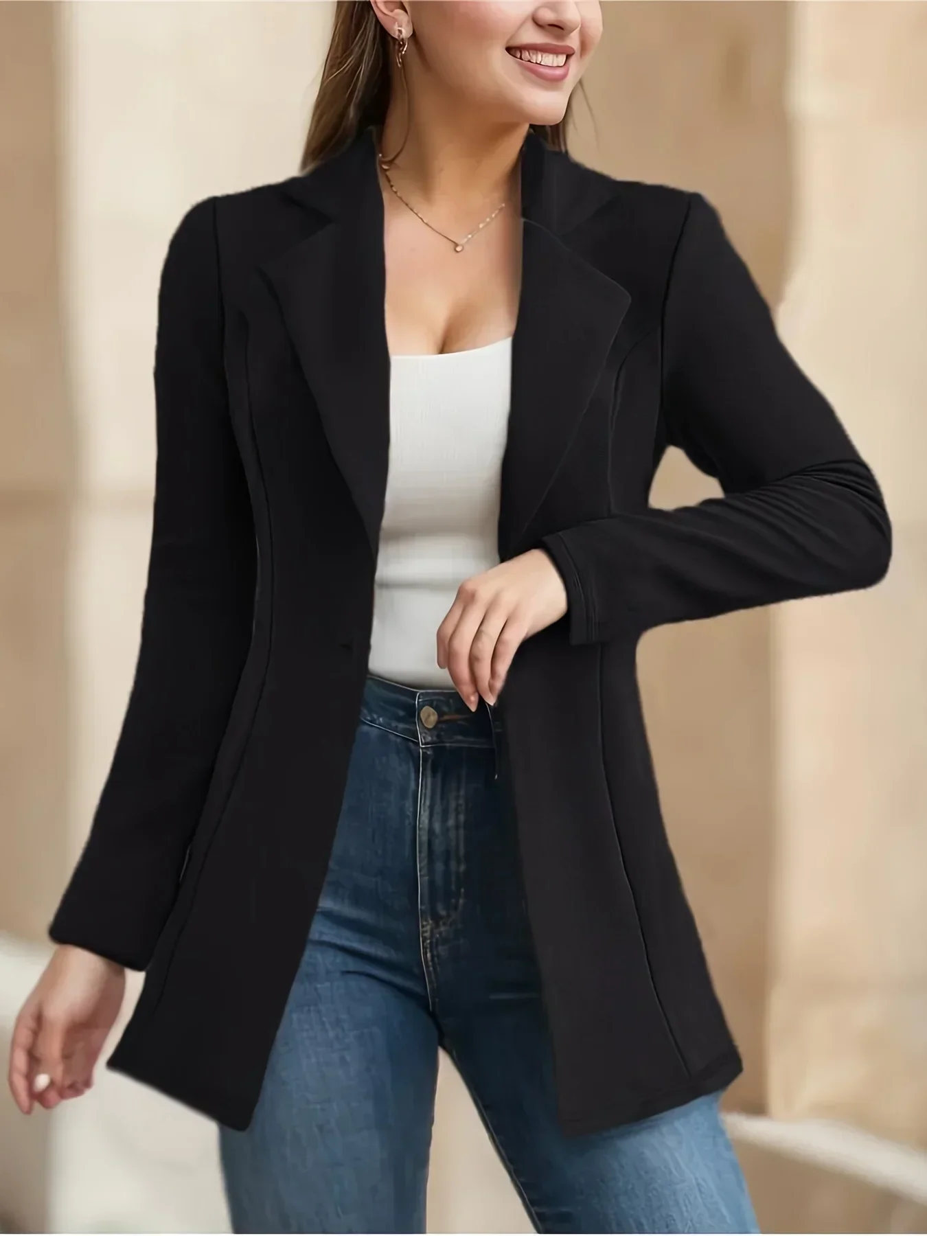 Blazer long et élégant pour femme grande taille, coupe ajustée, couleur unie, manches longues