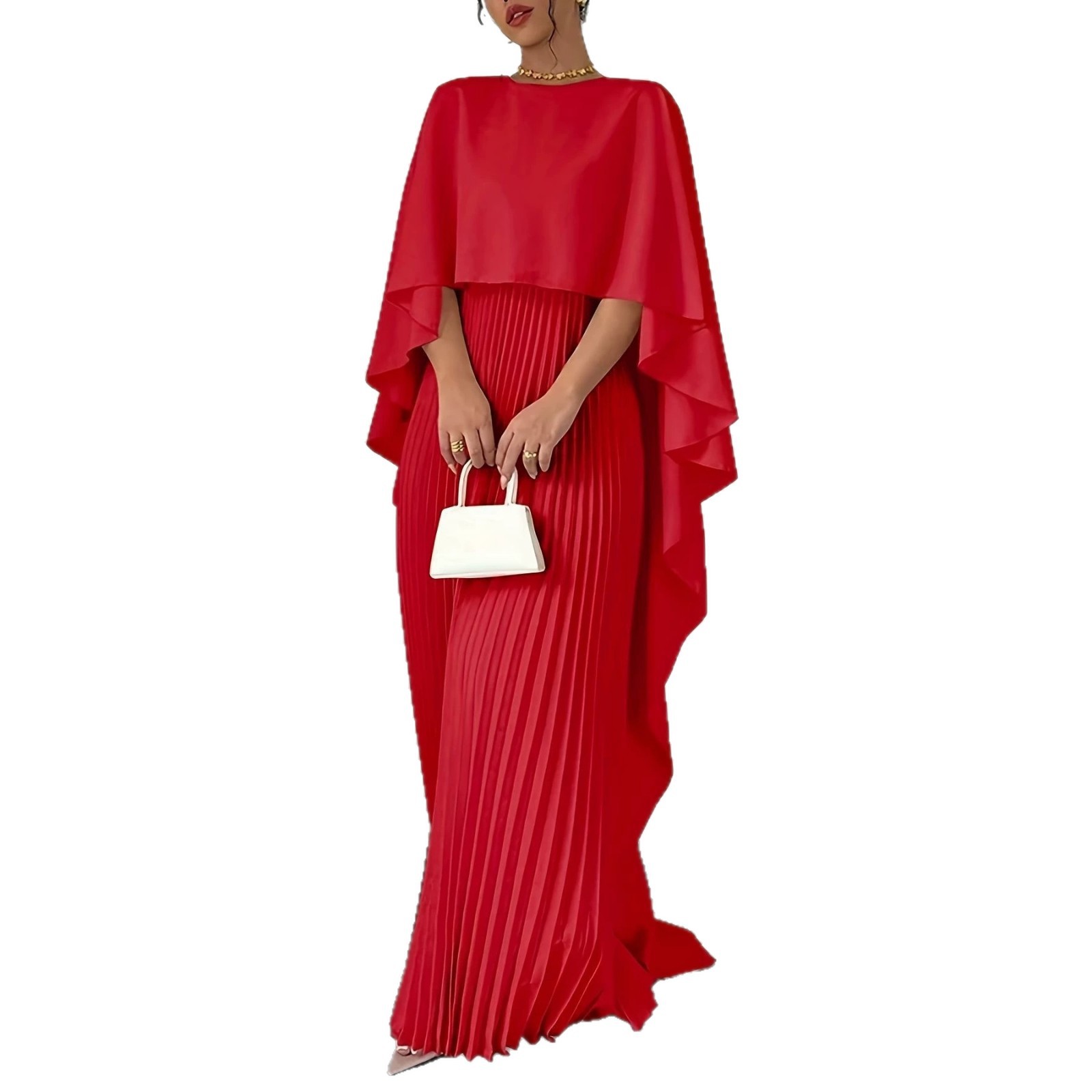Robe longue plissée élégante à manches cape pour femme, col rond, couleur unie, coupe ample et fluide, idéale pour les fêtes et les mariages