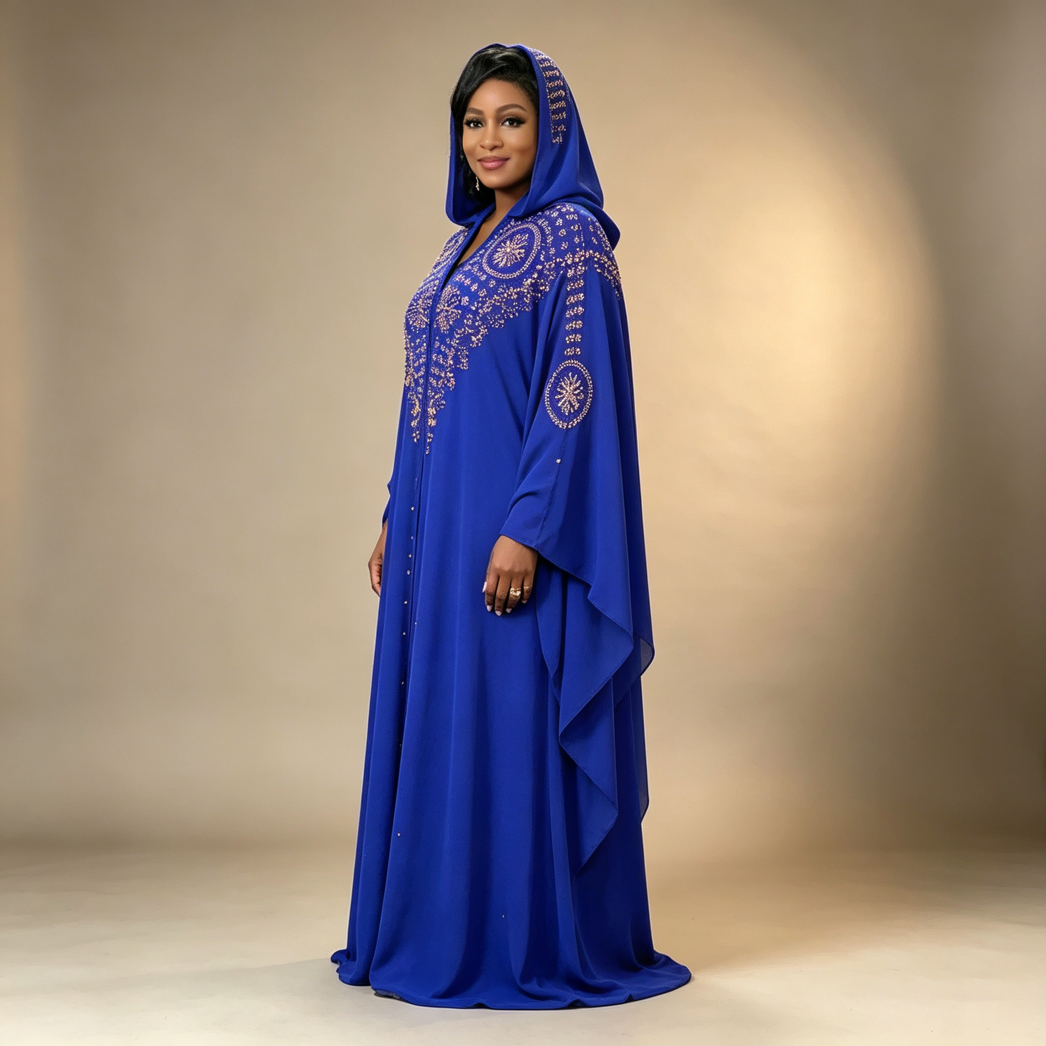 Caftan à capuche pour femmes de style africain, luxueux, orné de strass dorés, en mousseline, robe longue de soirée, de mariage ou de cérémonie.