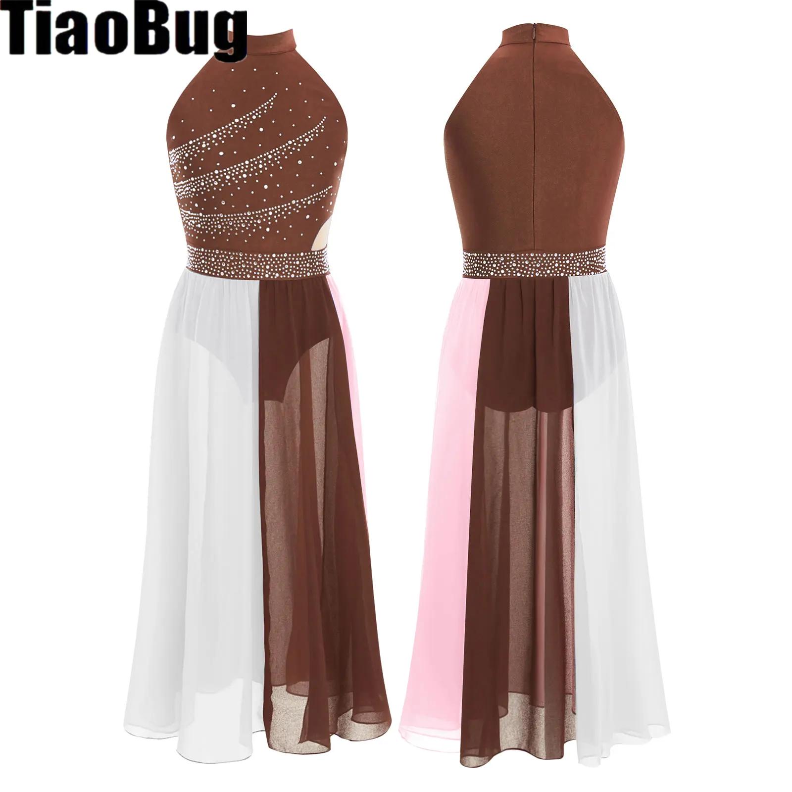 Costume de spectacle de danse lyrique moderne pour filles, sans manches, strass, fente latérale, robe justaucorps en mousseline de soie, danse contemporaine de Ballet