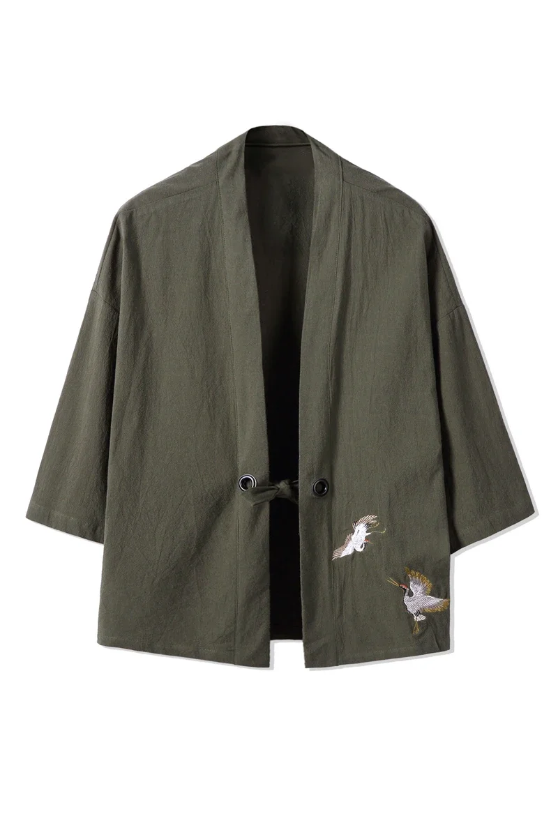 Kimono pour hommes, broderie de grue, style japonais Harajuku, cardigan décontracté en coton, costume de samouraï pour hommes, Yukata, vêtements asiatiques, vestes pour hommes