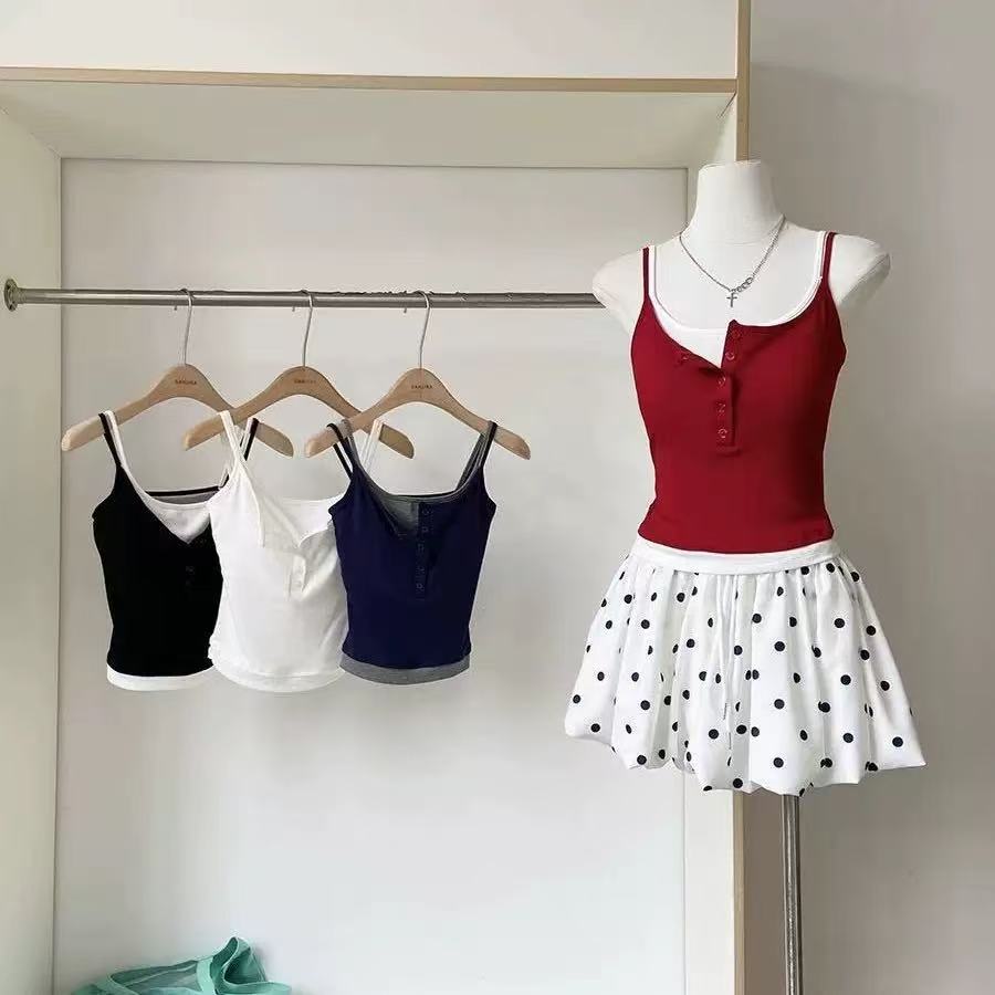 Camisole Faux Deux Pièces Tendance pour Femme Printemps Automne, Coupe Courte Ajustée avec Coussinets de Poitrine, Style Coréen Urbain pour Femme Audacieuse
