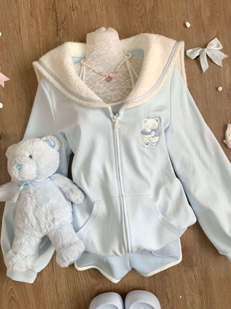Veste japonaise douce et kawaii pour femmes, manches longues, bleu, fermeture éclair, broderie, sweat-shirt ample, style preppy, vêtements mignons et tendance