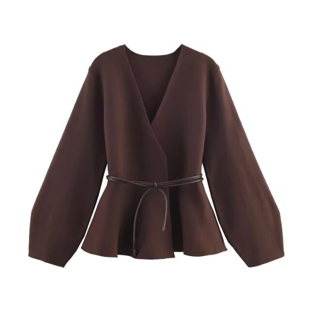 Manteau tricoté à manches longues et col en v pour femme, vêtement européen et américain, Style Simple et décontracté, avec ceinture, nouvelle collection hiver 2025
