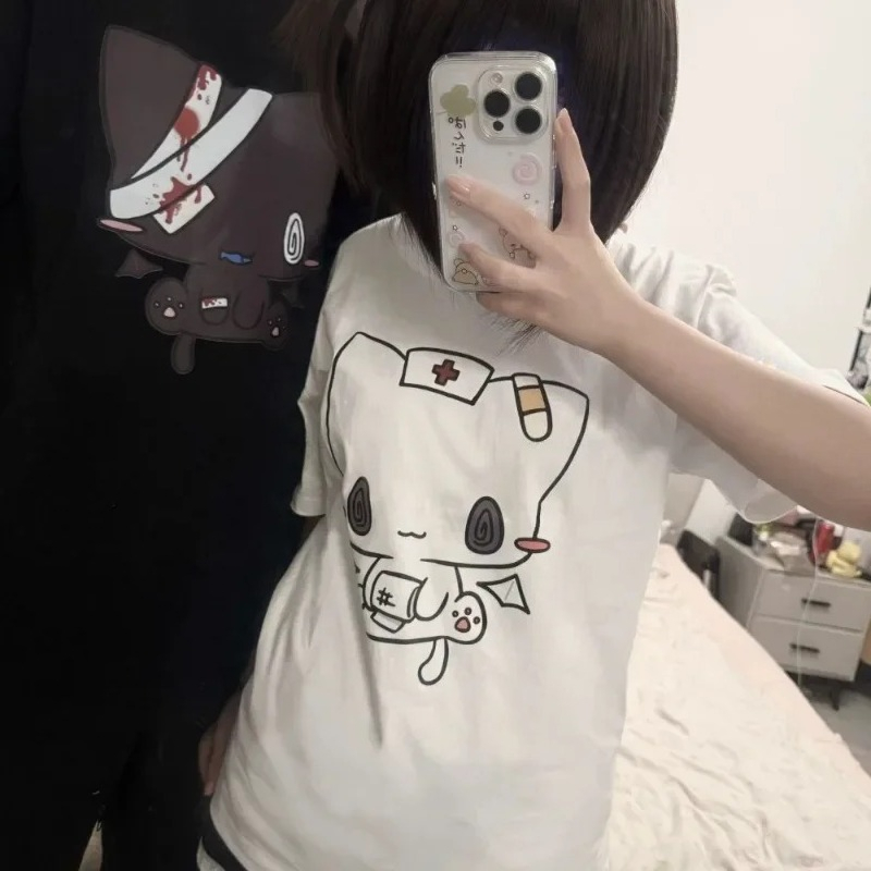 T-shirts pour femmes et hommes, imprimés de dessins animés, drôles, pour couples, manches courtes, col rond, mode Harajuku Kawaii, vêtements Y2K pour femmes