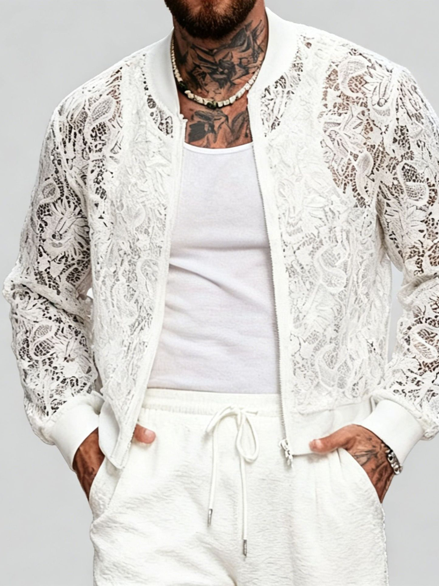 Veste en dentelle jacquard printemps-été pour hommes, style décontracté européen et américain, manteau de baseball sexy ajouré et transparent pour homme