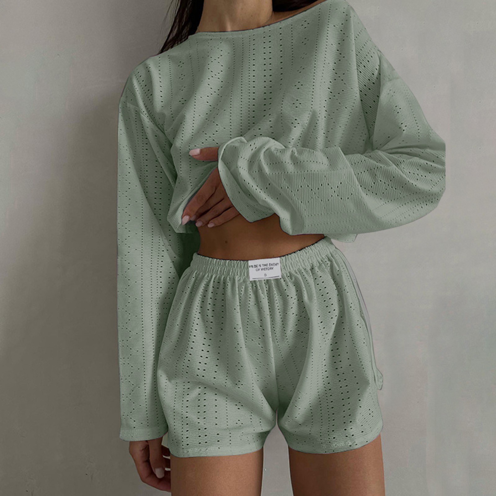 Ensemble short et short de bain à manches longues et col rond pour femmes, tenues décontractées, mode estivale, 2 pièces