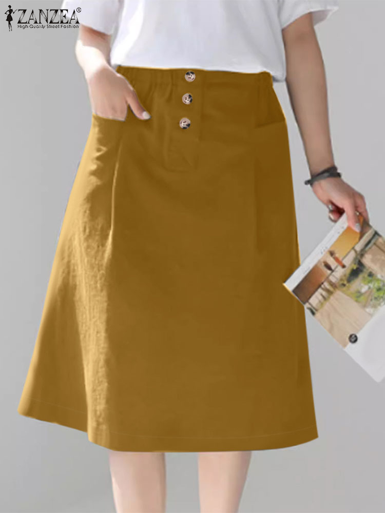 ZANZEA-Jupe trapèze longueur genou pour femme, élégante, couleur unie, décontractée, élastique, taille haute, 03/2024