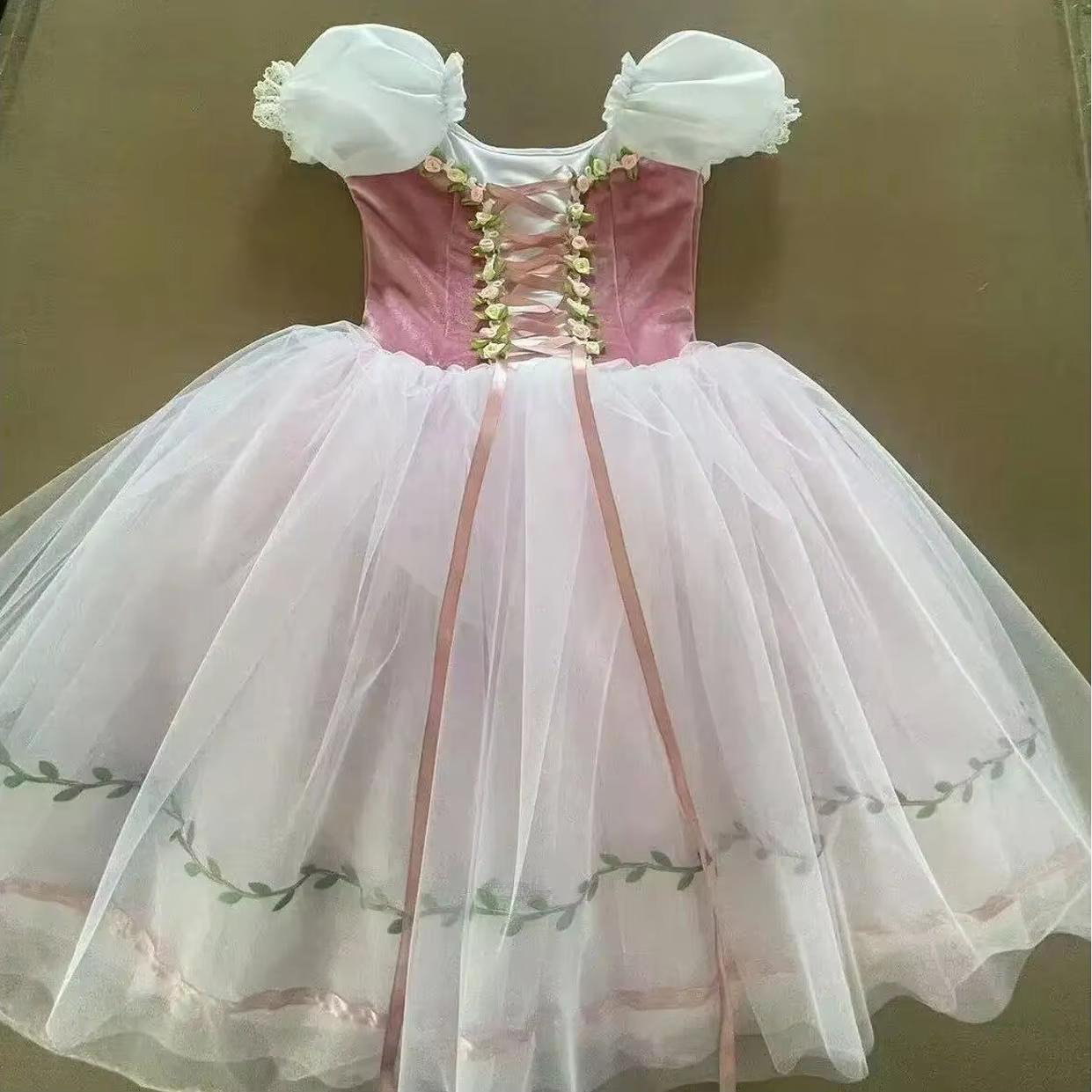 Robe de ballet professionnelle à manches bouffantes, en velours fleuri, patchwork de gaze et ruban, robe de ballerine pour fête, costumes de danse pour filles enfants