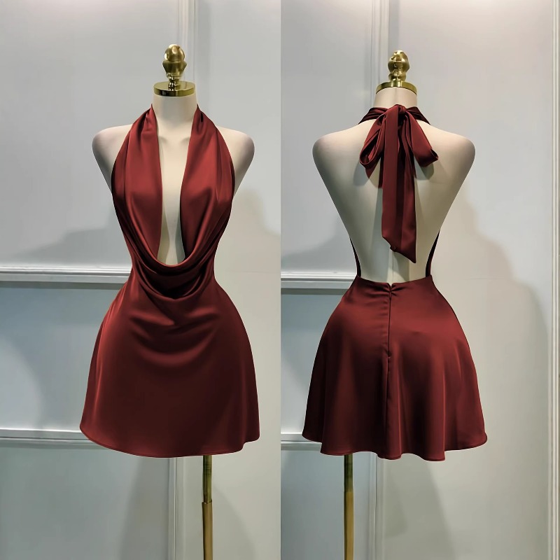 Robe en satin pour femme – Fermeture éclair au dos, dos ouvert, ajustée, pour les vacances, les soirées et les occasions spéciales
